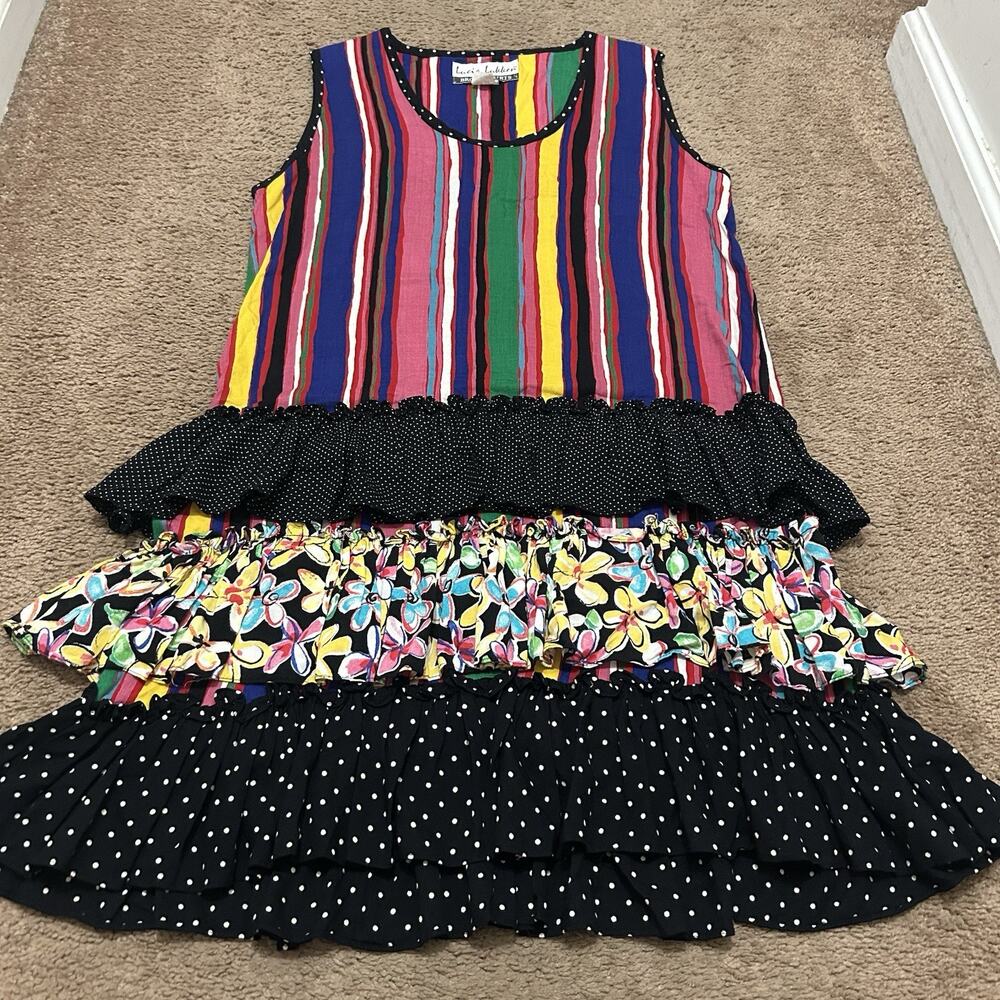 Lucia Lukken Broomstixks Vtg Dress Tiered Multi Pattern Striped Sleeveless Sz M